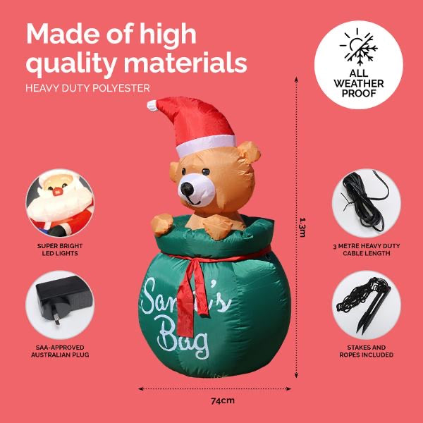 Inflatable Low Voltage Bear in Santa Sack 75cm x 75cm x 130cm Indoor/Outdoor Use