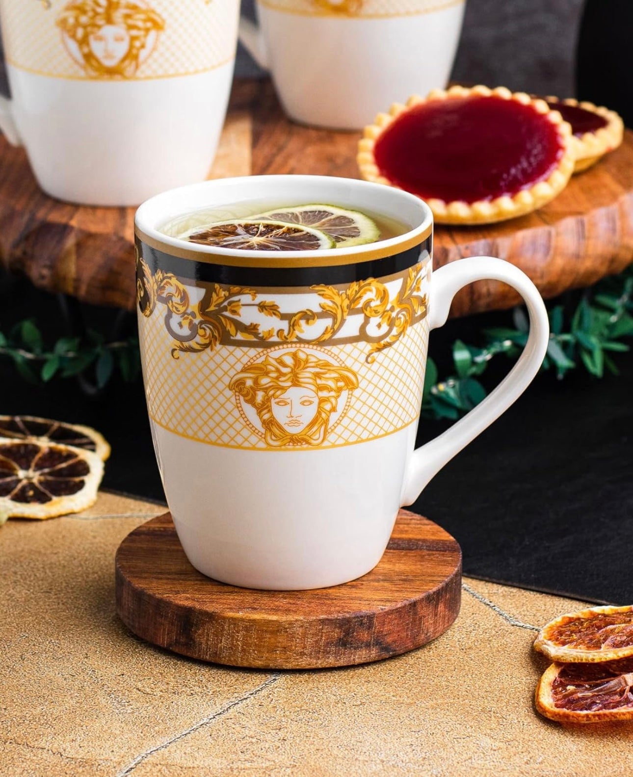 Medusa Classic Mugs Set of 6 with Gift Box Black and Gold 340ml