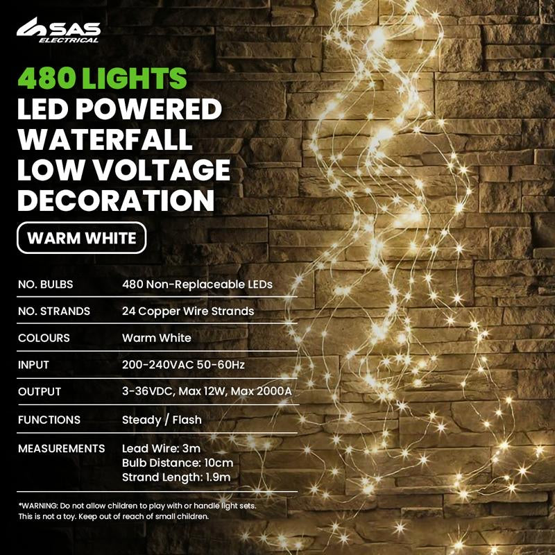 Light Low Voltage Waterfall 480 LED 24 Strands (1.9m Length Each) Warm White