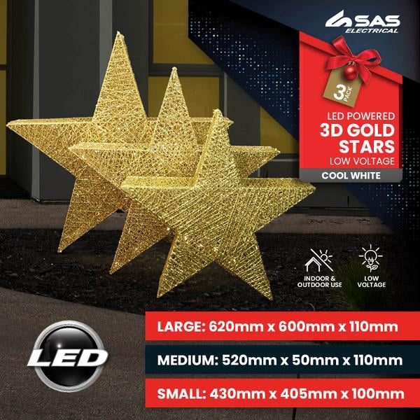 Light Low Voltage 3D Stars Gold 3pk Sizing: Small - 20LED - 43cm x 10cm x 40.5cm, Medium - 30LED - 52cm x 11cm x 50cm & Large - 50LED - 62cm x 11cm x 60cm Cool White