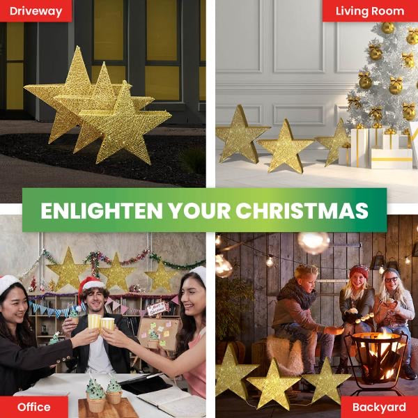 Light Low Voltage 3D Stars Gold 3pk Sizing: Small - 20LED - 43cm x 10cm x 40.5cm, Medium - 30LED - 52cm x 11cm x 50cm & Large - 50LED - 62cm x 11cm x 60cm Cool White