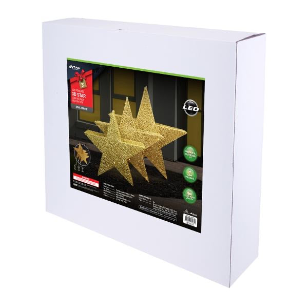 Light Low Voltage 3D Stars Gold 3pk Sizing: Small - 20LED - 43cm x 10cm x 40.5cm, Medium - 30LED - 52cm x 11cm x 50cm & Large - 50LED - 62cm x 11cm x 60cm Cool White
