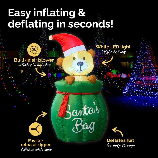 Inflatable Low Voltage Bear in Santa Sack 75cm x 75cm x 130cm Indoor/Outdoor Use