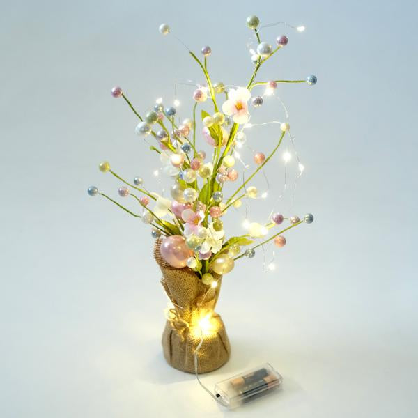 Easter Tree 30 LED Battery Operated 30cm x 45cm Warm White With Pink, Blue, Green & White Pearl Finish Balls/Eggs Requires: 2 x AA Batteries (Not Included) 1 Function