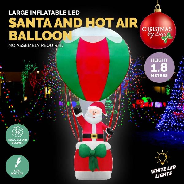 Inflatable Low Voltage Santa & Hot Air Balloon 180cm x 70cm x 70cm Indoor/Outdoor Use