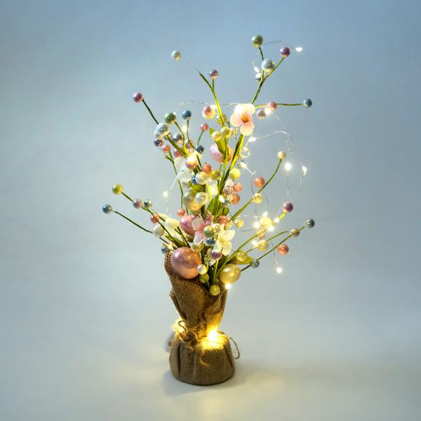 Easter Tree 30 LED Battery Operated 30cm x 45cm Warm White With Pink, Blue, Green & White Pearl Finish Balls/Eggs Requires: 2 x AA Batteries (Not Included) 1 Function