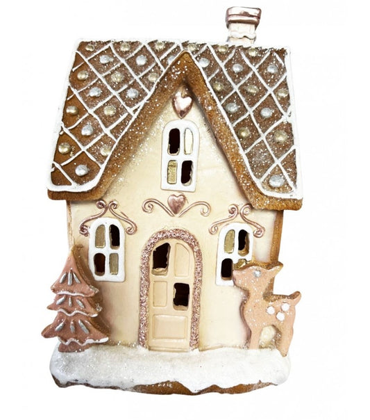 HOUSE 3 PINK GINGERBREAD WITH LED LIGHTS 22CM