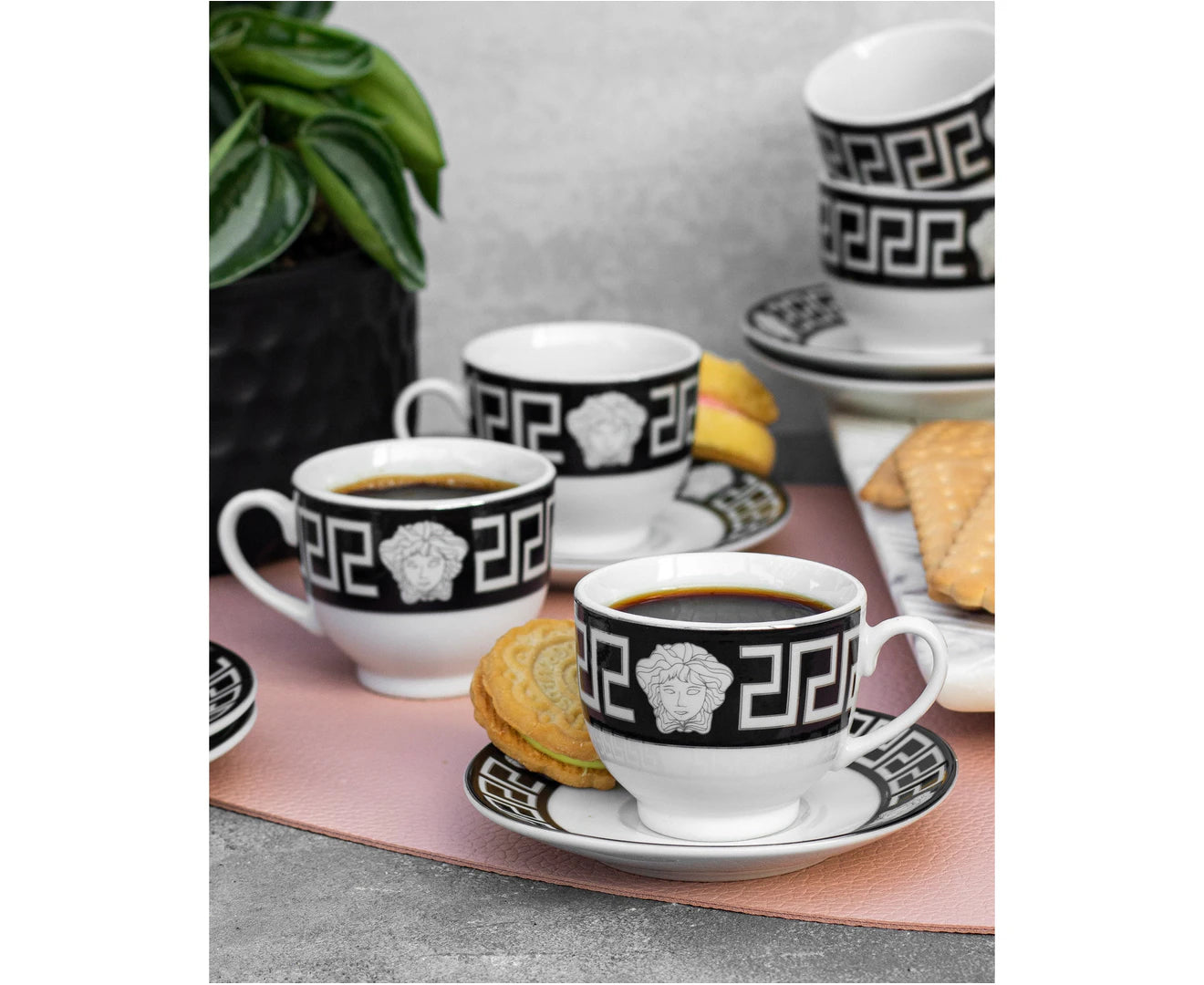 Medusa Silver & Black 12pc Espresso Coffee Cup and Saucer Set 80ml