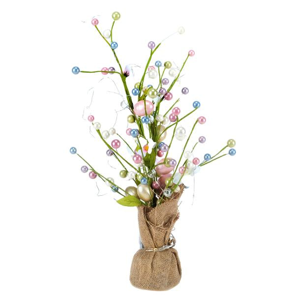 Easter Tree 30 LED Battery Operated 30cm x 45cm Warm White With Pink, Blue, Green & White Pearl Finish Balls/Eggs Requires: 2 x AA Batteries (Not Included) 1 Function