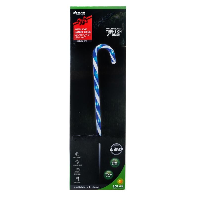 Light Solar Stake Christmas Striped 8LED 16.5cm x 70cm Cool White LED 4 Assorted Outer Colours: Red, Green, Yellow & Blue 1 Function