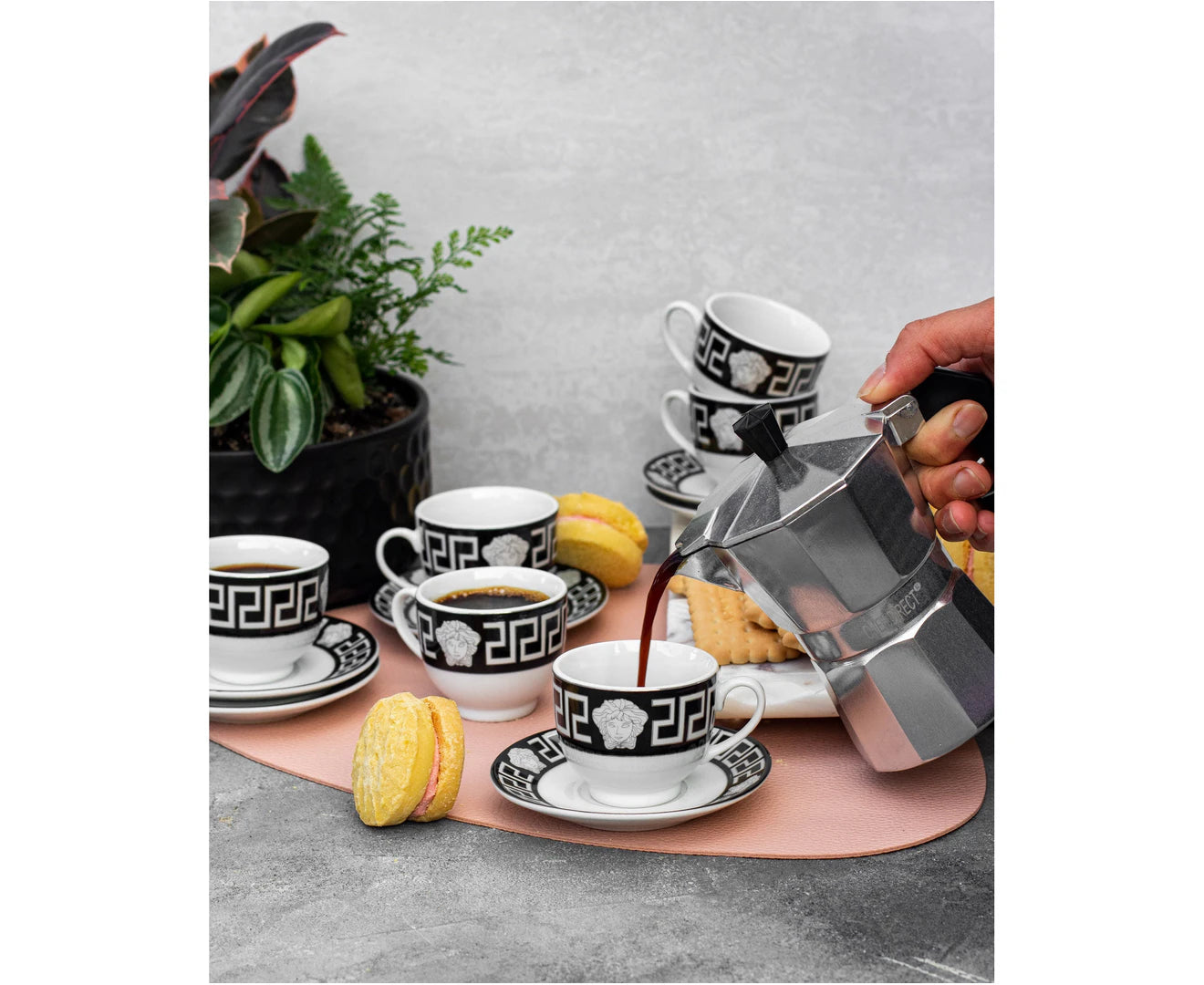 Medusa Silver & Black 12pc Espresso Coffee Cup and Saucer Set 80ml