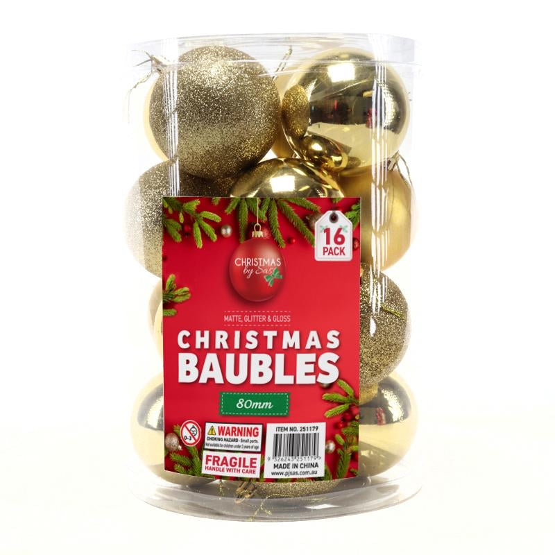 Bauble Traditional 16pk 80mm Red, Green, Silver & Gold 3 Assorted Finishes: Matte, Glitter & Gloss