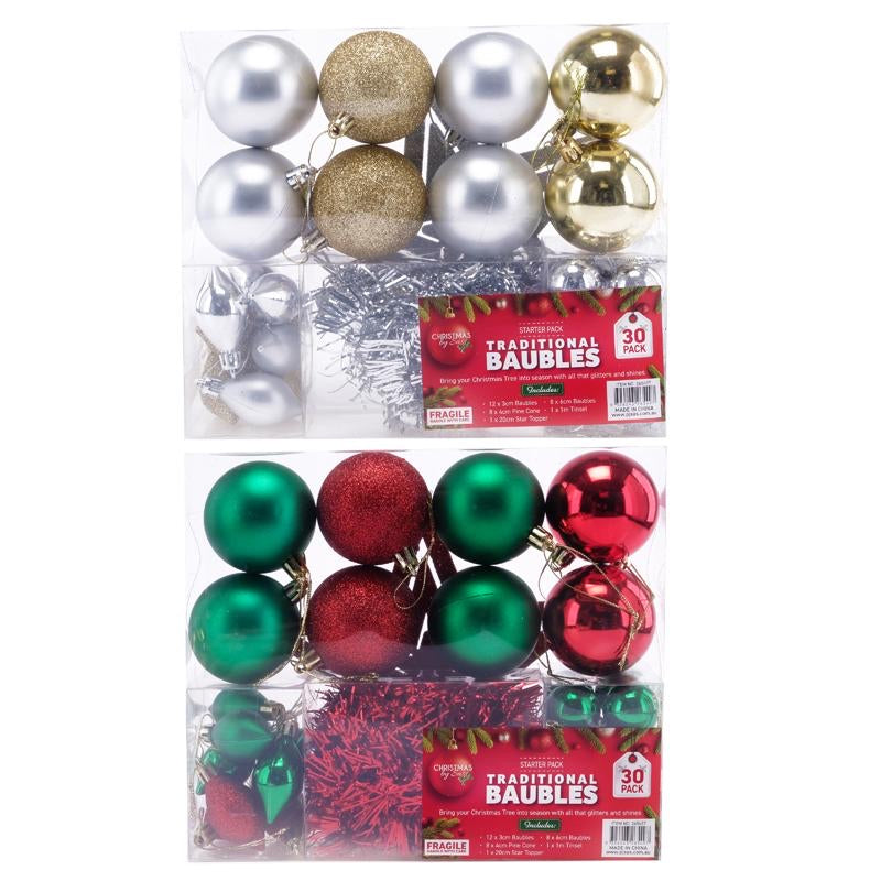 Bauble Starter Pack Traditional 30pk Green/Red & Gold/Silver Sets Includes 8pc-6cm Baubles, 12pc-3cm Baubles, 8pc-4cm Pine Cone Decorations, 1-1m Tinsel & 1pc-20cm Star Topper