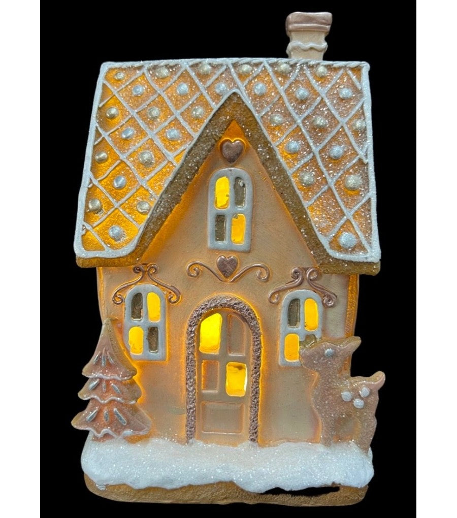 HOUSE 3 PINK GINGERBREAD WITH LED LIGHTS 22CM