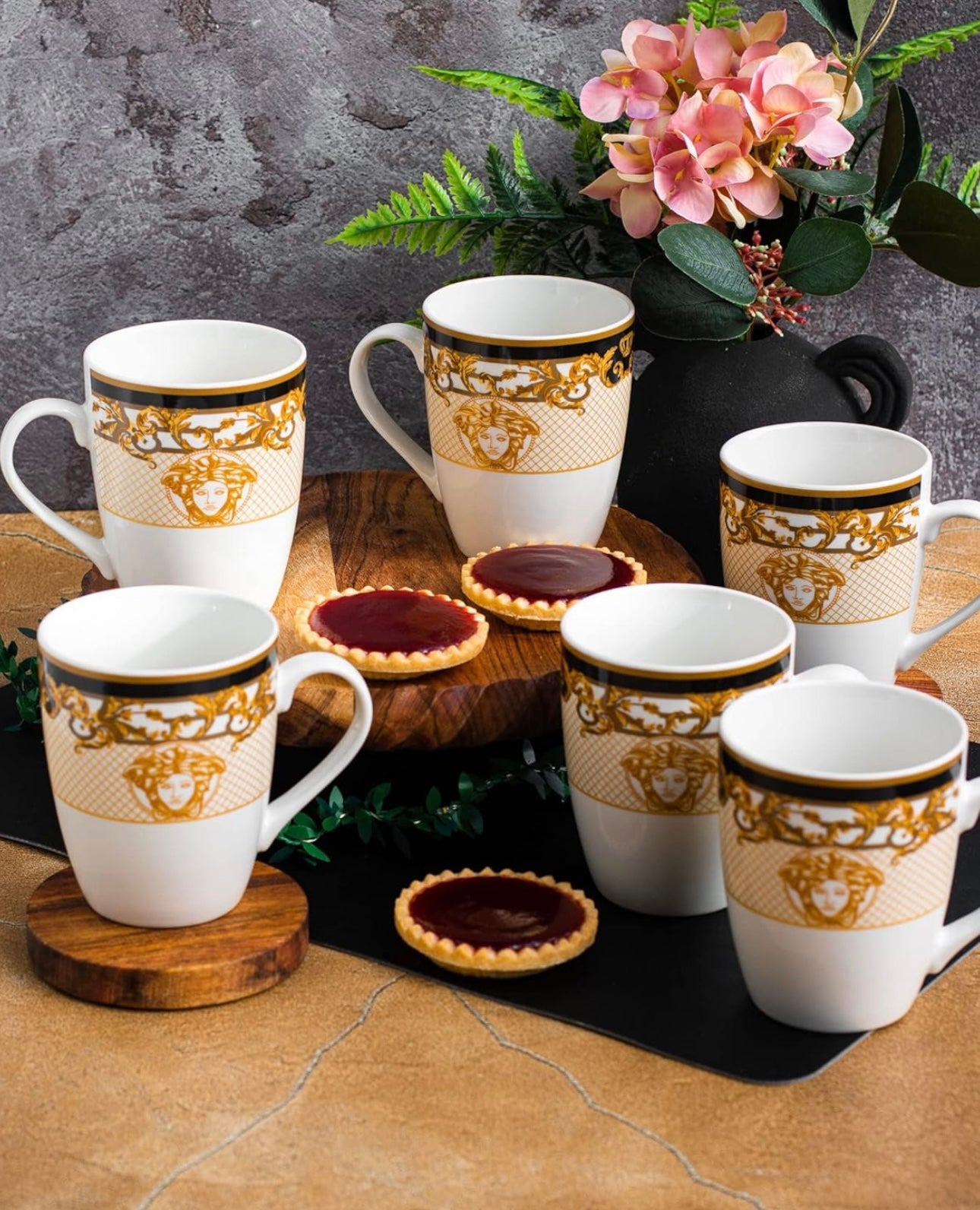 Medusa Classic Mugs Set of 6 with Gift Box Black and Gold 340ml