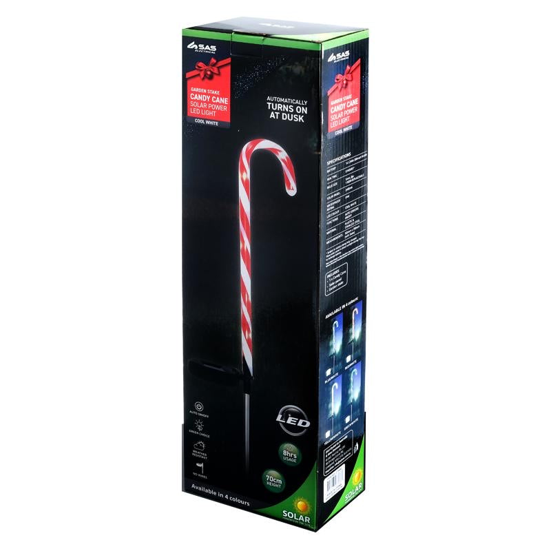 Light Solar Stake Christmas Striped 8LED 16.5cm x 70cm Cool White LED 4 Assorted Outer Colours: Red, Green, Yellow & Blue 1 Function