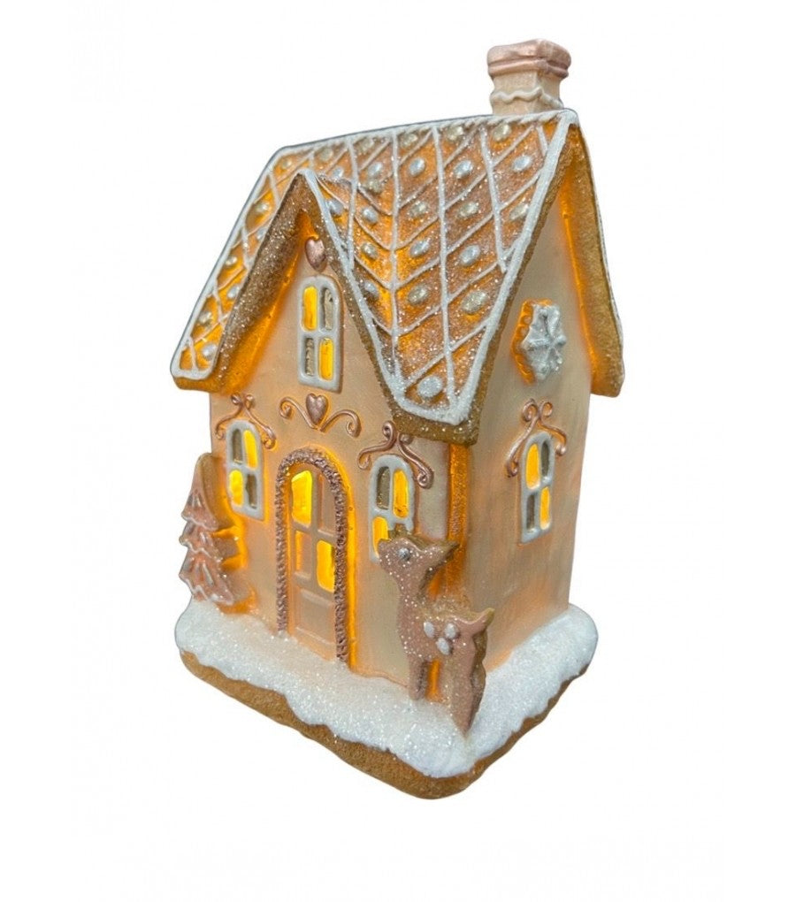 HOUSE 3 PINK GINGERBREAD WITH LED LIGHTS 22CM