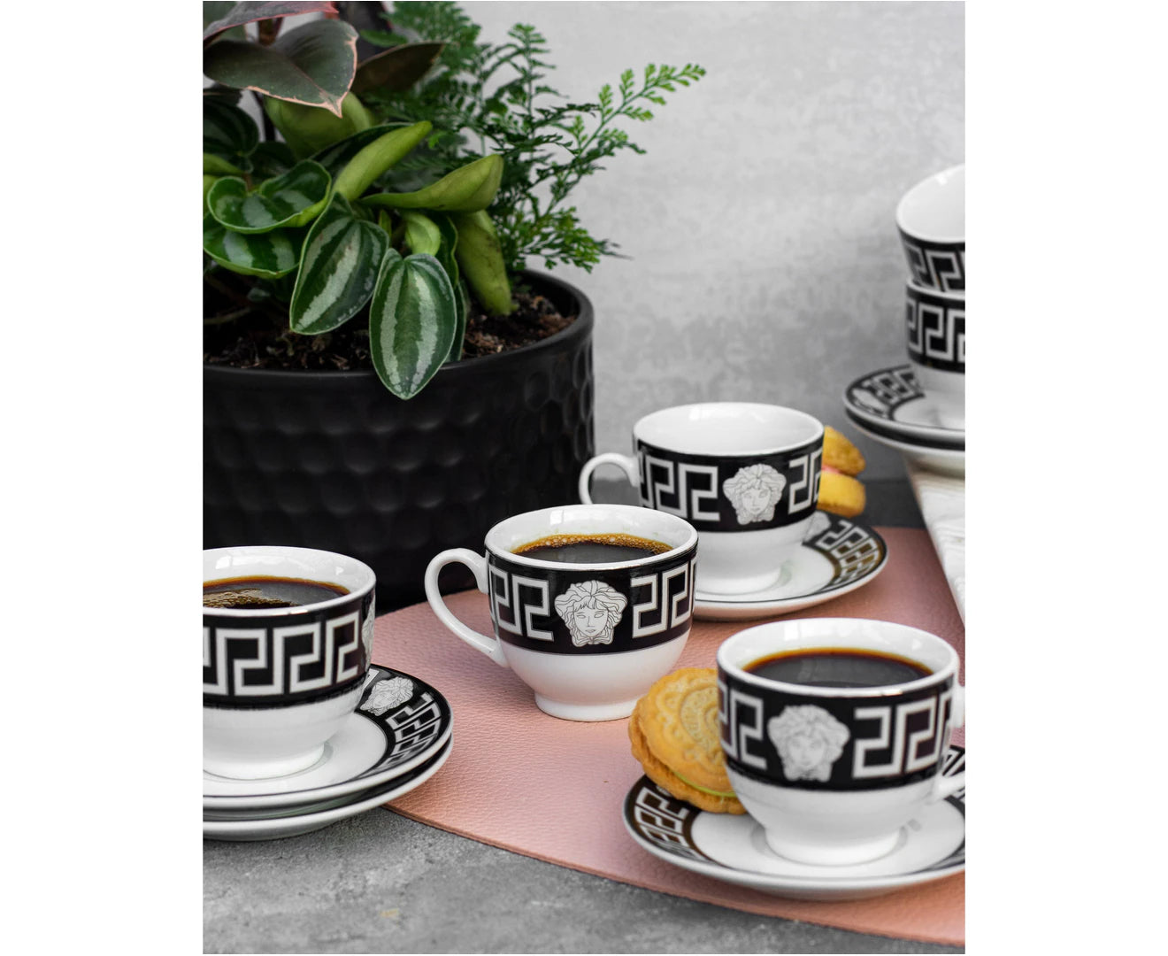 Medusa Silver & Black 12pc Espresso Coffee Cup and Saucer Set 80ml