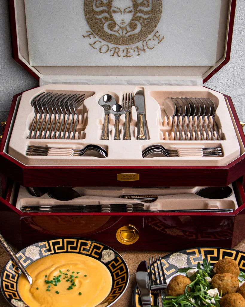 Medusa 72pc Gold- La Medusa Style 18/10 72Pcs Stainless Steel Gold Cutlery Set in Wooden Display Case