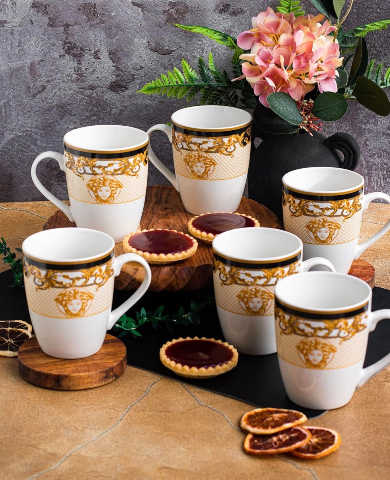 Medusa Classic Mugs Set of 6 with Gift Box Black and Gold 340ml