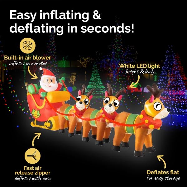 Inflatable Low Voltage Santa & Reindeers 290cm x 43cm x 105cm Indoor/Outdoor Use