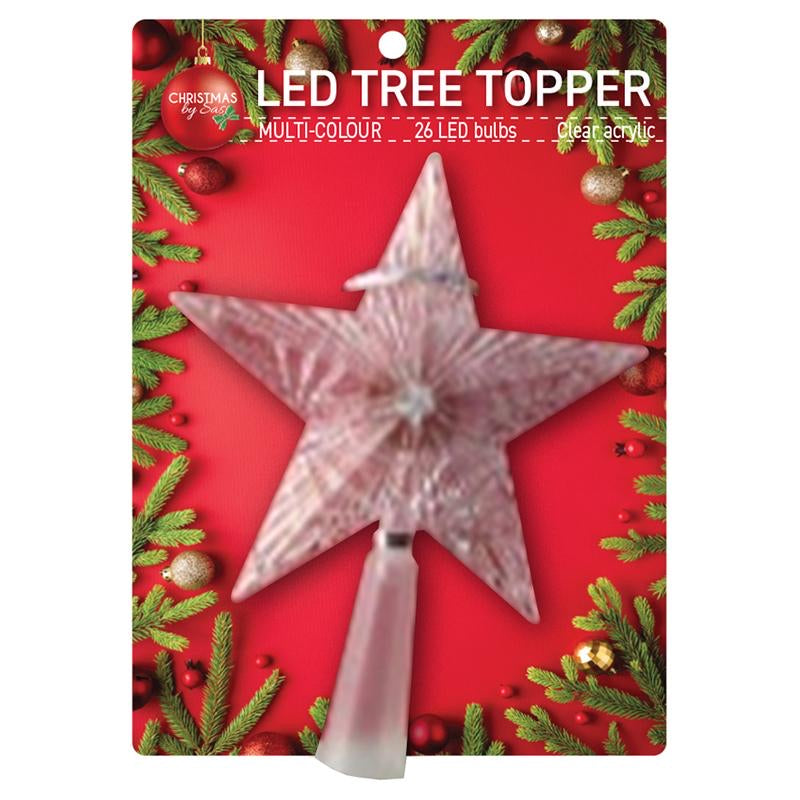 Battery Operated Tree Topper LED Star 14cm x 18cm Multi Colour Requires: 2 x AA Batteries (not Included) 1 Function - Flashing (3 Speed Transition)