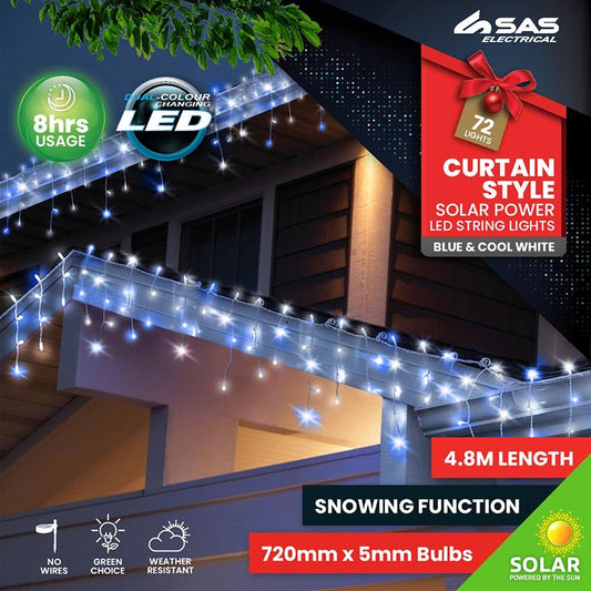 Light Solar Shape Curtain 72 LED 4.8m Blue & Cool White Snowing Function