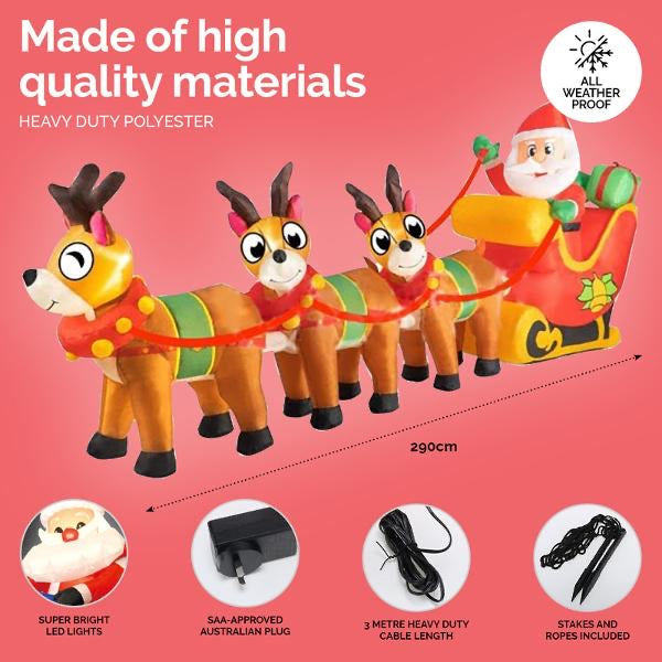 Inflatable Low Voltage Santa & Reindeers 290cm x 43cm x 105cm Indoor/Outdoor Use