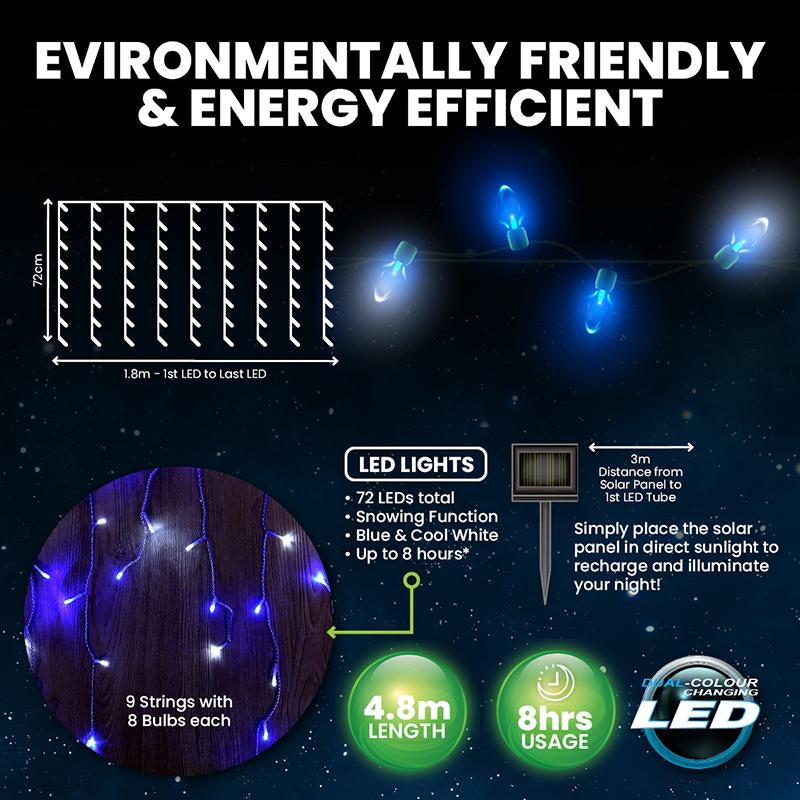 Light Solar Shape Curtain 72 LED 4.8m Blue & Cool White Snowing Function