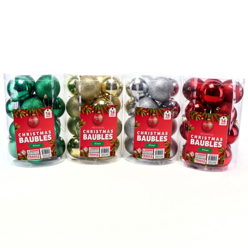 Bauble Traditional 16pk 80mm Red, Green, Silver & Gold 3 Assorted Finishes: Matte, Glitter & Gloss