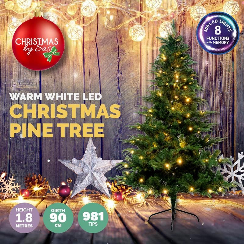 Christmas Tree Low Voltage LED Premium Pine Green Pointed Tips 180cm (6ft) 981 Tips Girth 90cm Iron Feet Base 300 LED Warm White - 8 Function With Memory