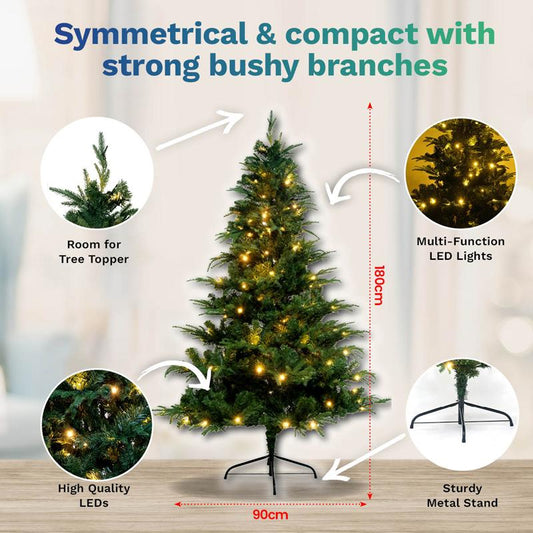 Christmas Tree Low Voltage LED Premium Pine Green Pointed Tips 180cm (6ft) 981 Tips Girth 90cm Iron Feet Base 300 LED Warm White - 8 Function With Memory