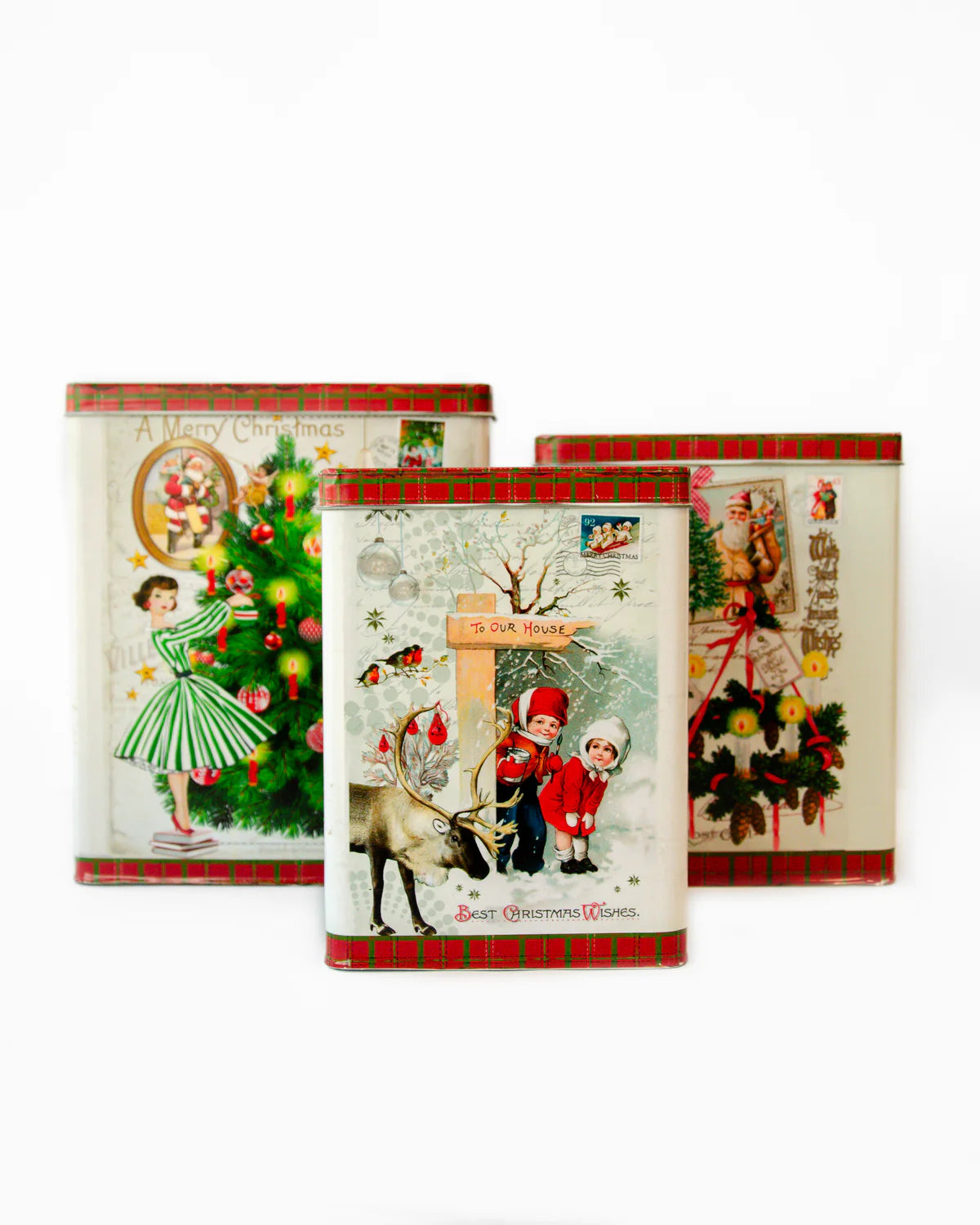 CHRISTMAS VINTAGE SCENE TINS RECTANGLE SET OF 3