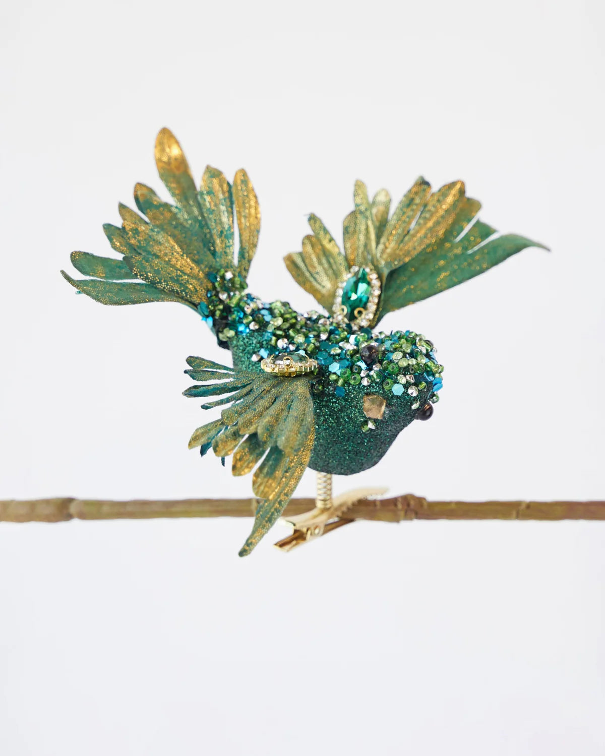 GLITTERED BIRD PEACOCK GREEN 13.75CM