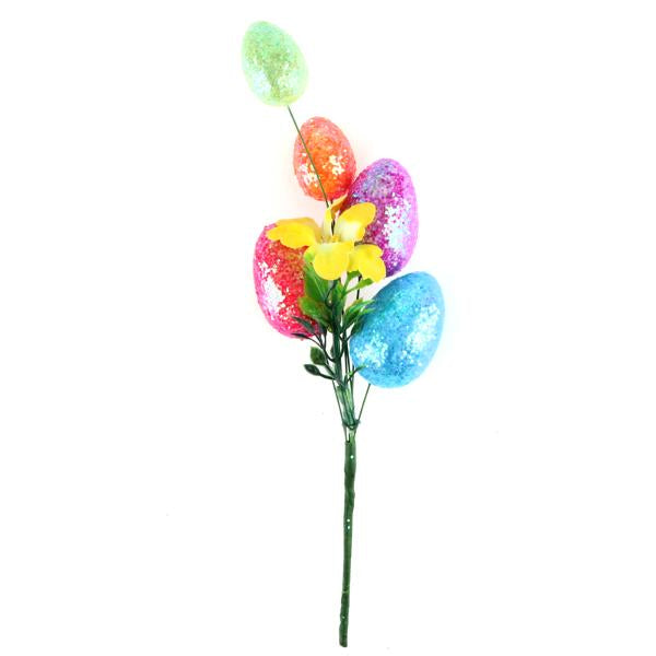 Polystyrene Egg Bouquet 5pc Total Length: 27cm (Large Eggs - 3cm x 5cm & Small Eggs - 2.5cm x 3.5cm) Orange, Green, Blue, Pink & Purple Per pAck