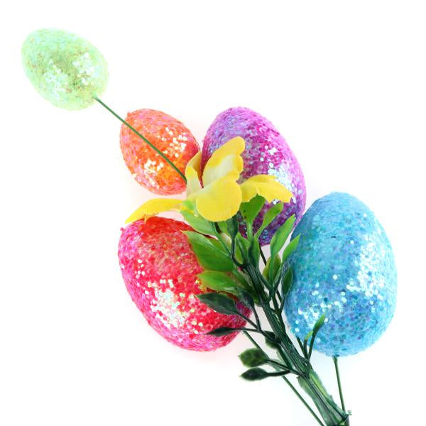 Polystyrene Egg Bouquet 5pc Total Length: 27cm (Large Eggs - 3cm x 5cm & Small Eggs - 2.5cm x 3.5cm) Orange, Green, Blue, Pink & Purple Per pAck