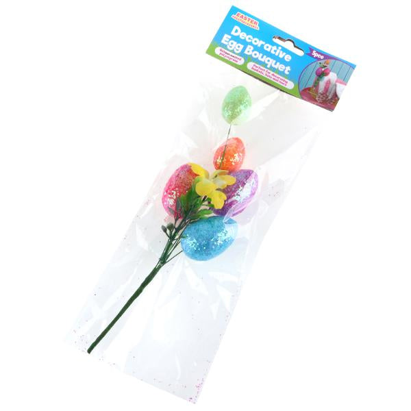 Polystyrene Egg Bouquet 5pc Total Length: 27cm (Large Eggs - 3cm x 5cm & Small Eggs - 2.5cm x 3.5cm) Orange, Green, Blue, Pink & Purple Per pAck