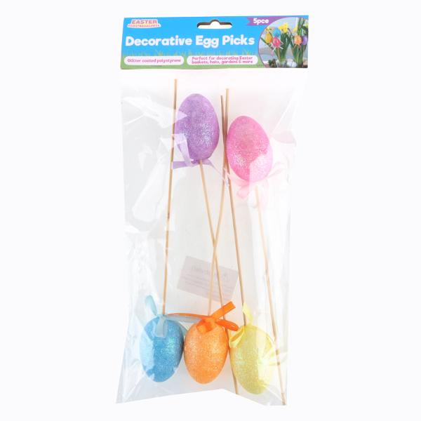 Polystyrene Egg On Pick With Glitter 5pc Total Length: 26cm (Egg - 6cm x 4cm) Blue, Yellow, Pink, Purple & Orange Per Pack