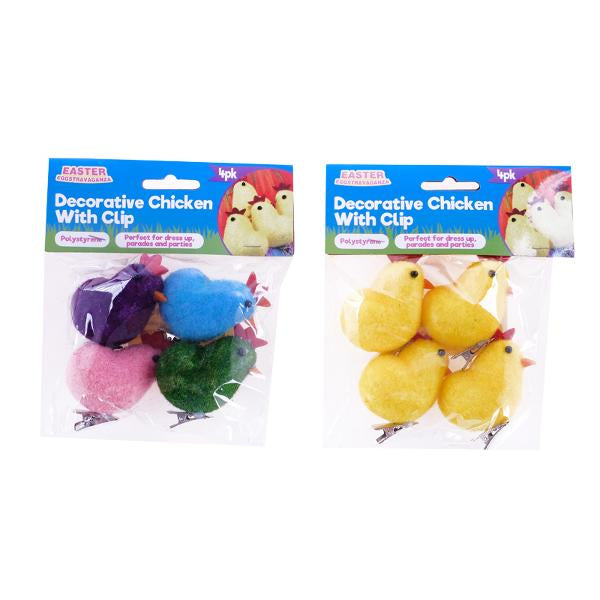 Polystyrene Fabric Chickens With Clip 4pk 5cm x 3.5cm Yellow & Multicolour