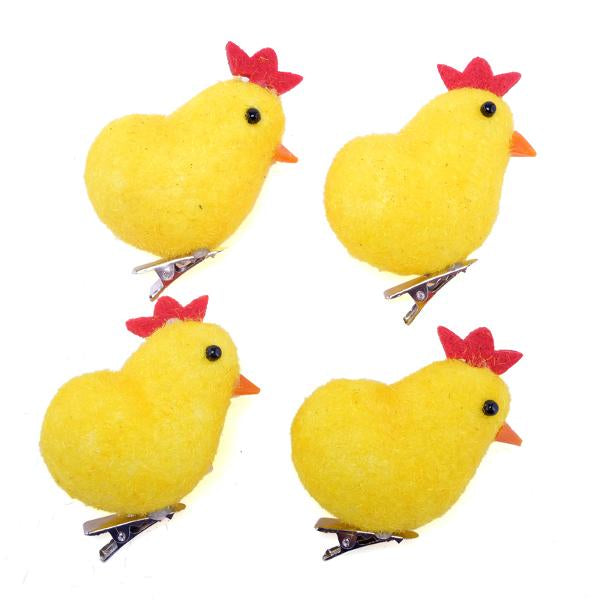 Polystyrene Fabric Chickens With Clip 4pk 5cm x 3.5cm Yellow & Multicolour