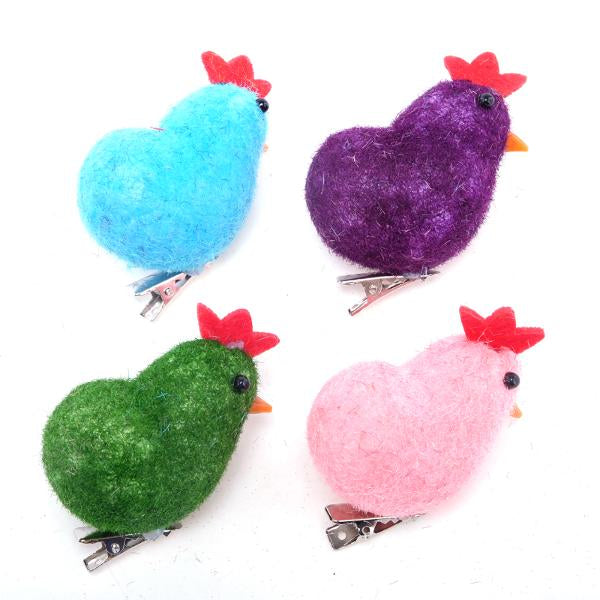 Polystyrene Fabric Chickens With Clip 4pk 5cm x 3.5cm Yellow & Multicolour