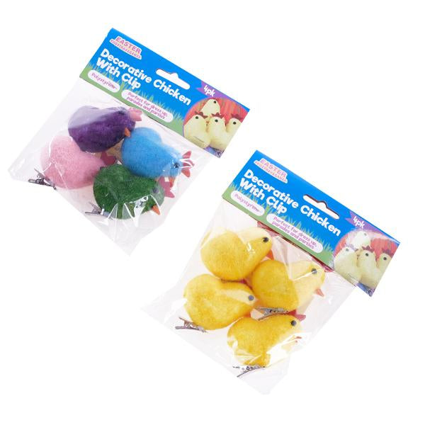 Polystyrene Fabric Chickens With Clip 4pk 5cm x 3.5cm Yellow & Multicolour