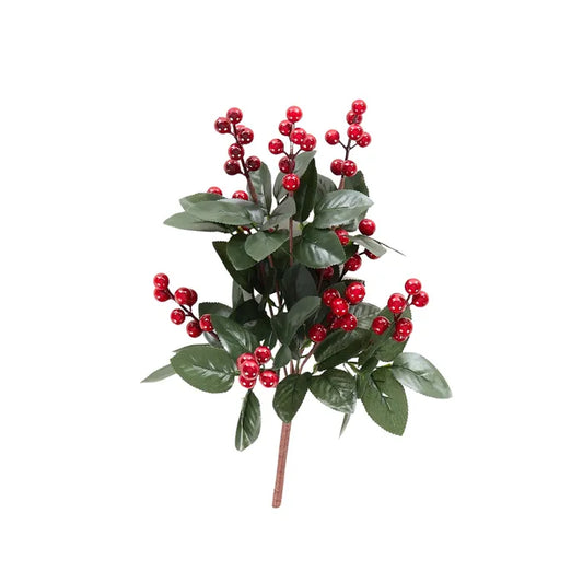 RED BERRY BUNCH WITH LEAVES 35CM