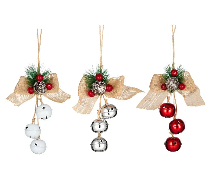 Set of 3 BELL HANGERS MET 4X20CM RED/WHT/SILV