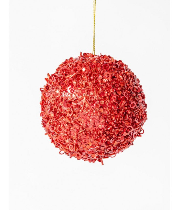 RED GLITTER BEAD BALL HANGING 10CM