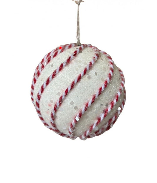 RED WHITE SUGAR SWIRL BAUBLE 10CM