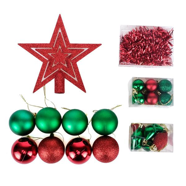 Bauble Starter Pack Traditional 30pk Green/Red & Gold/Silver Sets Includes 8pc-6cm Baubles, 12pc-3cm Baubles, 8pc-4cm Pine Cone Decorations, 1-1m Tinsel & 1pc-20cm Star Topper