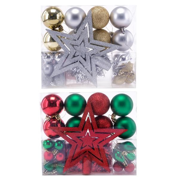 Bauble Starter Pack Traditional 30pk Green/Red & Gold/Silver Sets Includes 8pc-6cm Baubles, 12pc-3cm Baubles, 8pc-4cm Pine Cone Decorations, 1-1m Tinsel & 1pc-20cm Star Topper