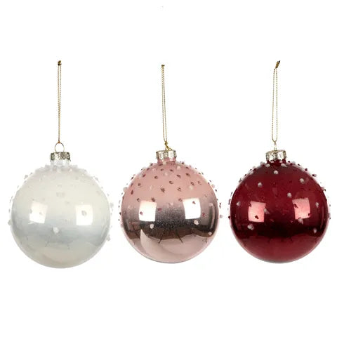 GLASS BAUBLE 8CM WHITE/RED/PINK 3 ASST