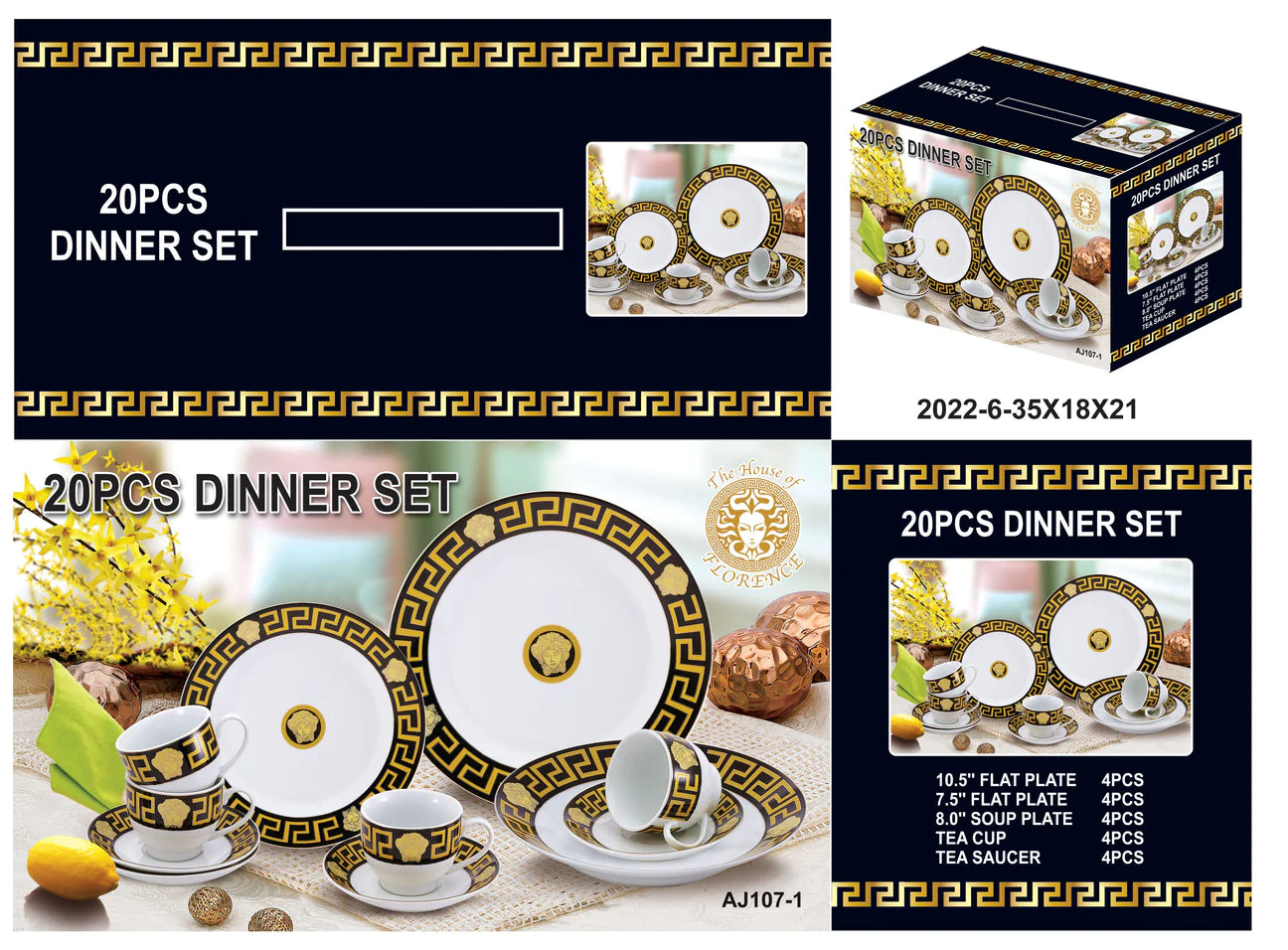 La Medusa Style Luxe Designer Inspired Black And Gold 20 Piece Dinner Set